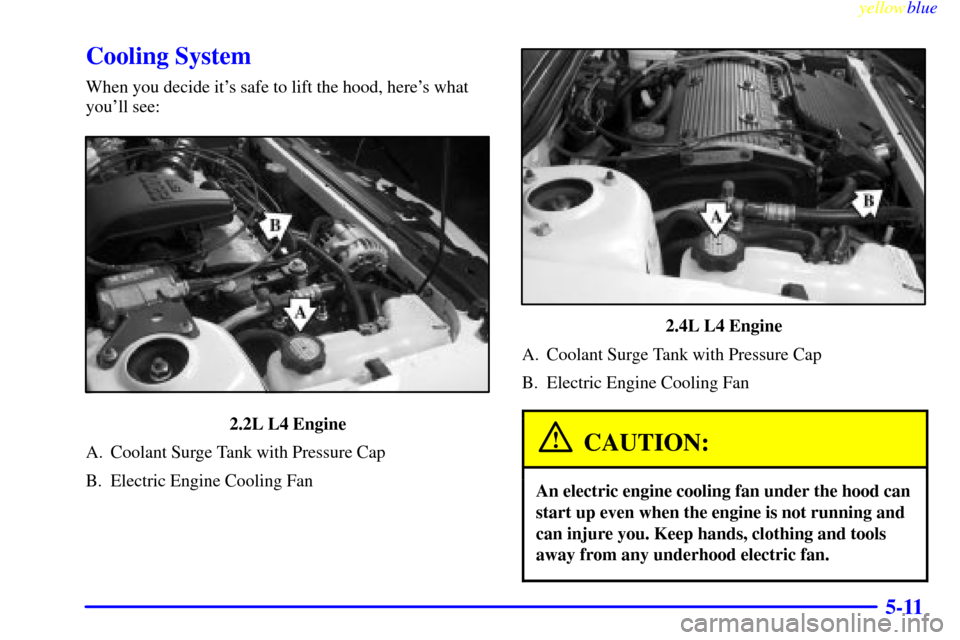 CHEVROLET CAVALIER 1999 3.G Owners Manual yellowblue     
5-11
Cooling System
When you decide its safe to lift the hood, heres what
youll see:
2.2L L4 Engine
A. Coolant Surge Tank with Pressure Cap
B. Electric Engine Cooling Fan
2.4L L4 En