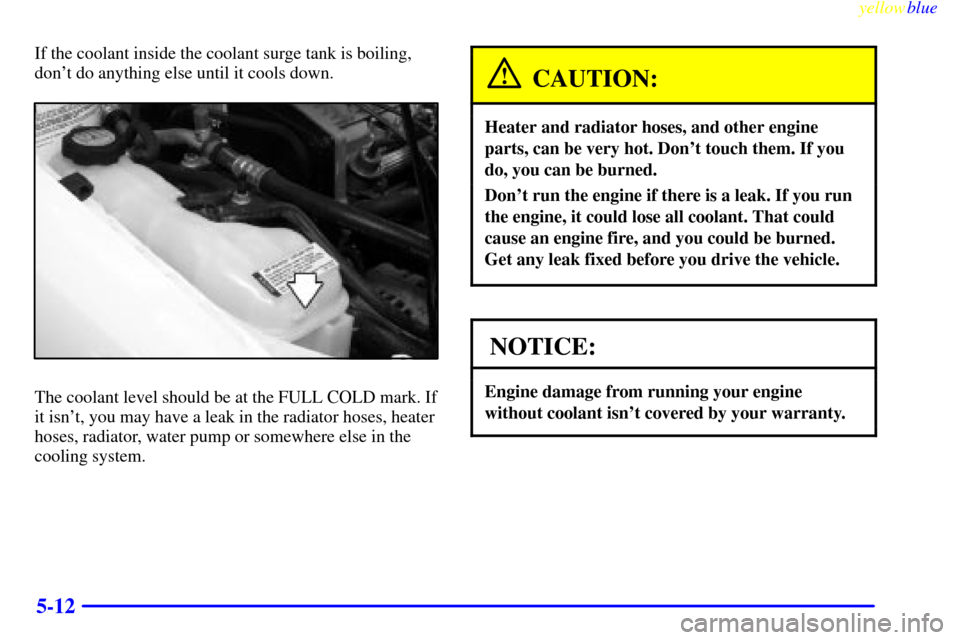 CHEVROLET CAVALIER 1999 3.G Owners Manual yellowblue     
5-12
If the coolant inside the coolant surge tank is boiling,
dont do anything else until it cools down.
The coolant level should be at the FULL COLD mark. If
it isnt, you may have a