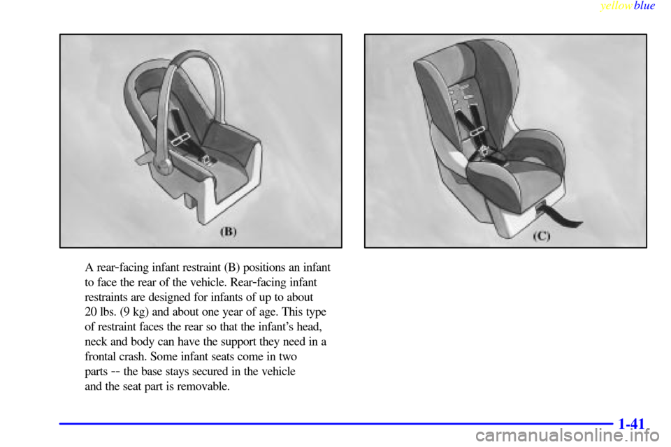 CHEVROLET CAVALIER 1999 3.G Owners Manual yellowblue
1-41
A rear-facing infant restraint (B) positions an infant
to face the rear of the vehicle. Rear
-facing infant
restraints are designed for infants of up to about
20 lbs. (9 kg) and CHEVROLET CAVALIER 1999 3.G Owners Manual yellowblue
1-41
A rear-facing infant restraint (B) positions an infant
to face the rear of the vehicle. Rear
-facing infant
restraints are designed for infants of up to about
20 lbs. (9 kg) and