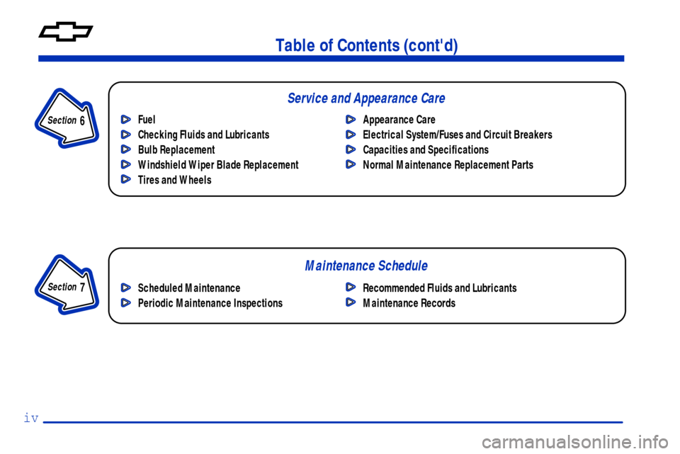 CHEVROLET CAVALIER 2000 3.G Owners Manual Table of Contents (contd)
Maintenance Schedule Service and Appearance Care
Section 
 7
Section 
 6
Scheduled Maintenance
Periodic Maintenance InspectionsRecommended Fluids and Lubricants
Maintenance 