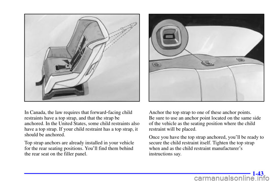 CHEVROLET CAVALIER 2001 3.G Workshop Manual 1-43
In Canada, the law requires that forward-facing child
restraints have a top strap, and that the strap be
anchored. In the United States, some child restraints also
have a top strap. If your child CHEVROLET CAVALIER 2001 3.G Workshop Manual 1-43
In Canada, the law requires that forward-facing child
restraints have a top strap, and that the strap be
anchored. In the United States, some child restraints also
have a top strap. If your child
