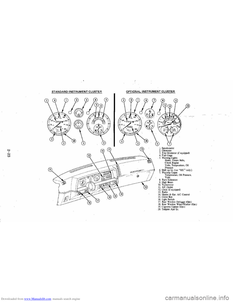 CHEVROLET CAVALIER 1984 1.G Owners Guide Downloaded from www.Manualslib.com manuals search engine " , 
t:l 
STANDARD INSTRUMENT CLUSTER 
IJ 
12 
OPTIONAL INSTRUMENT CLUSTER 
~~~~-:----,~~: 
ll 
1l 
10 
L Speedometer 2. Odometer 3. Trip ()