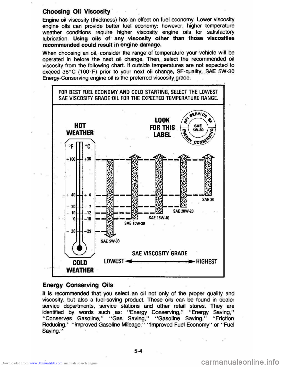 CHEVROLET CAVALIER 1984 1.G Manual PDF Downloaded from www.Manualslib.com manuals search engine Choosing Oil Viscosity
Engine oil viscosity (thickness) has an effect on fuel economy. Lower viscosity
engine oils can provide better fue CHEVROLET CAVALIER 1984 1.G Manual PDF Downloaded from www.Manualslib.com manuals search engine Choosing Oil Viscosity
Engine oil viscosity (thickness) has an effect on fuel economy. Lower viscosity
engine oils can provide better fue