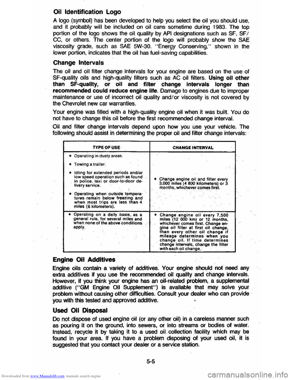 CHEVROLET CAVALIER 1984 1.G Manual PDF Downloaded from www.Manualslib.com manuals search engine Oil Identification Logo
A logo (symbol) has been developed to help you select the oil you should use,
and it probably will be included on o CHEVROLET CAVALIER 1984 1.G Manual PDF Downloaded from www.Manualslib.com manuals search engine Oil Identification Logo
A logo (symbol) has been developed to help you select the oil you should use,
and it probably will be included on o