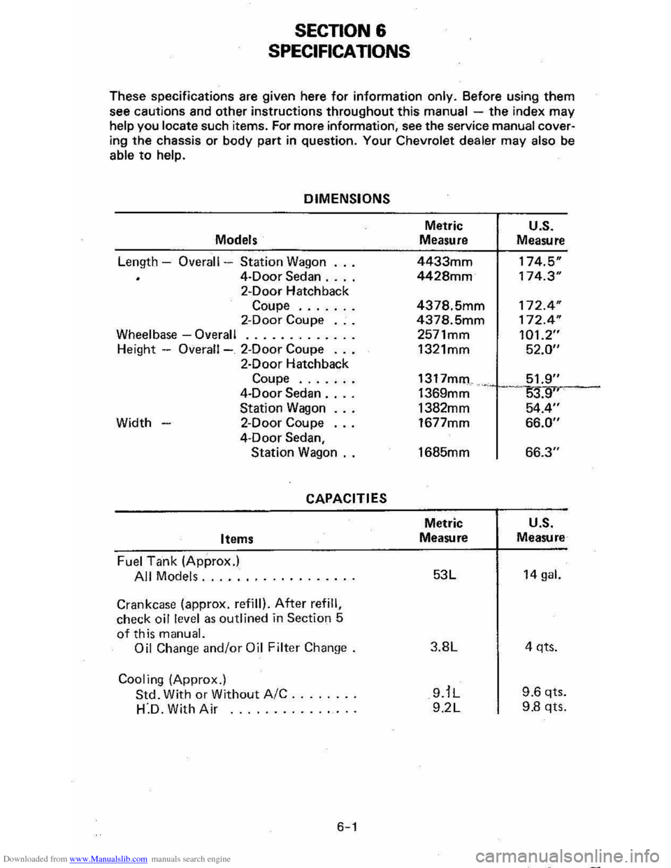 CHEVROLET CAVALIER 1984 1.G Owners Manual Downloaded from www.Manualslib.com manuals search engine SECTION 6
SPECIFICATIONS
These specifications are given here for information only. Before using them
see cautions and other instructions CHEVROLET CAVALIER 1984 1.G Owners Manual Downloaded from www.Manualslib.com manuals search engine SECTION 6
SPECIFICATIONS
These specifications are given here for information only. Before using them
see cautions and other instructions