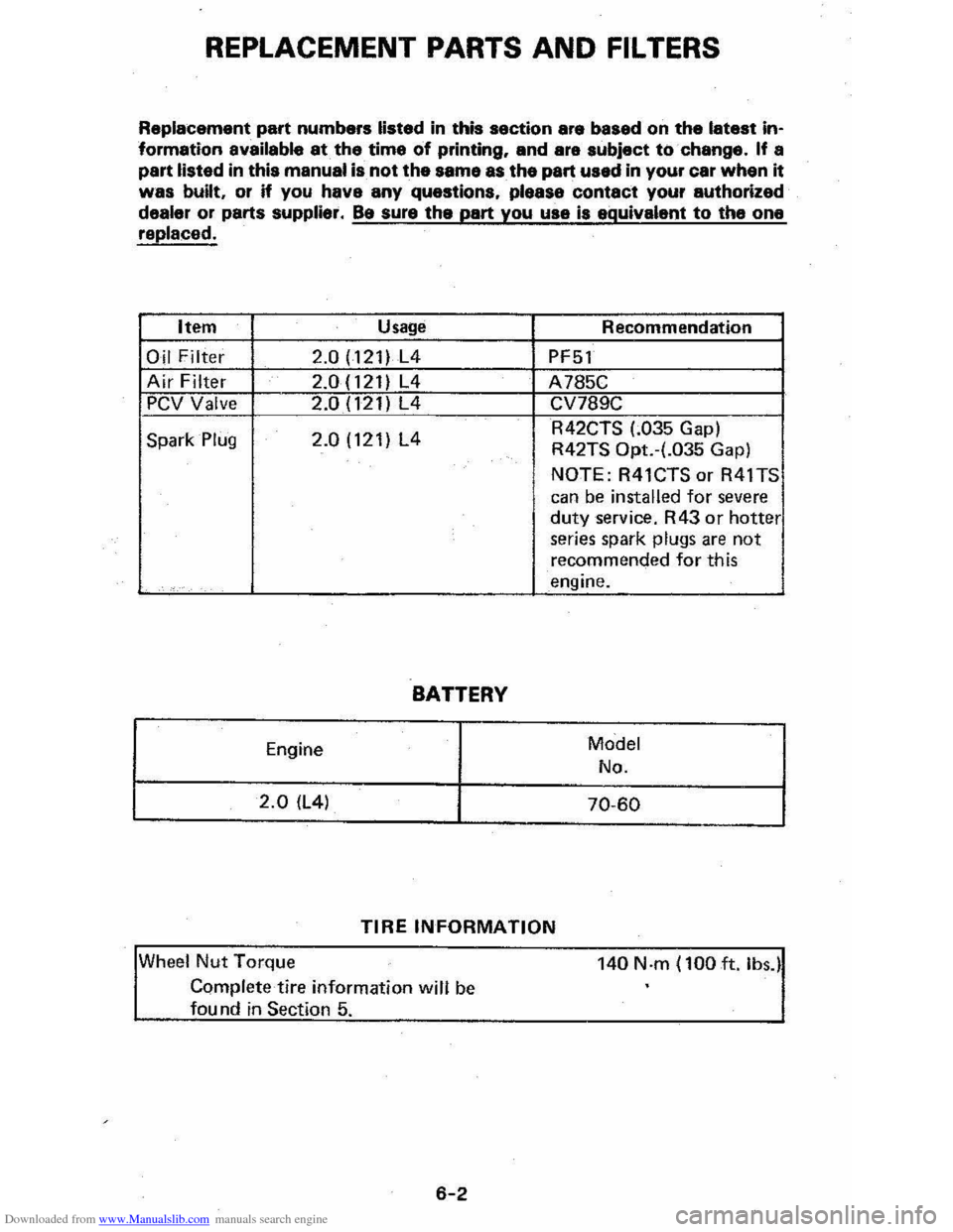 CHEVROLET CAVALIER 1984 1.G Owners Manual Downloaded from www.Manualslib.com manuals search engine REPLACEMENT PARTS AND FILTERS
Replacement part numbers listed in this section are based on the latest information available at the time of CHEVROLET CAVALIER 1984 1.G Owners Manual Downloaded from www.Manualslib.com manuals search engine REPLACEMENT PARTS AND FILTERS
Replacement part numbers listed in this section are based on the latest information available at the time of