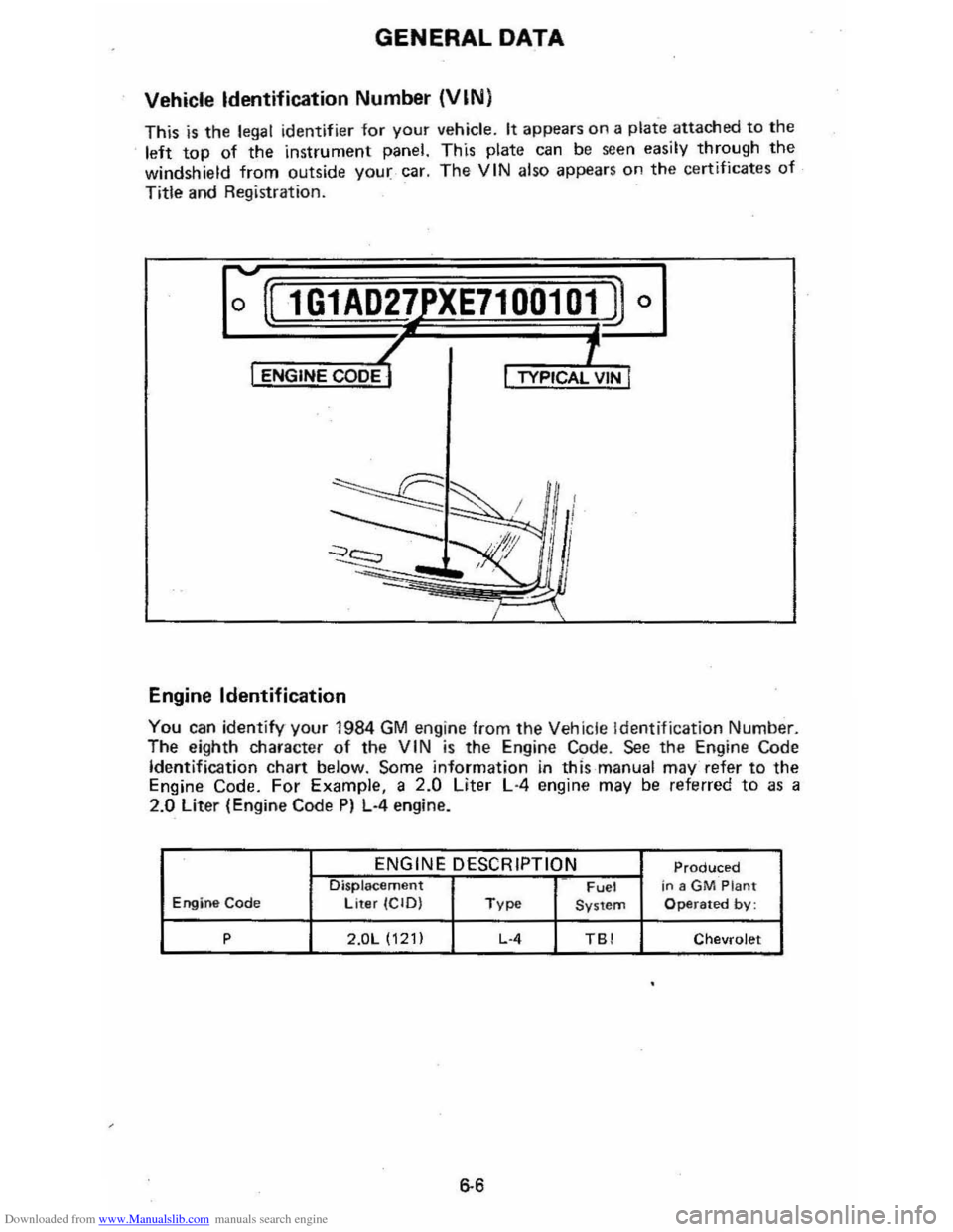 CHEVROLET CAVALIER 1984 1.G Owners Manual Downloaded from www.Manualslib.com manuals search engine GENERAL DATA
Vehicle Identification Number (VIN)
This is the legal identifier for your vehicle. It appears on a plate attached to the
left t CHEVROLET CAVALIER 1984 1.G Owners Manual Downloaded from www.Manualslib.com manuals search engine GENERAL DATA
Vehicle Identification Number (VIN)
This is the legal identifier for your vehicle. It appears on a plate attached to the
left t