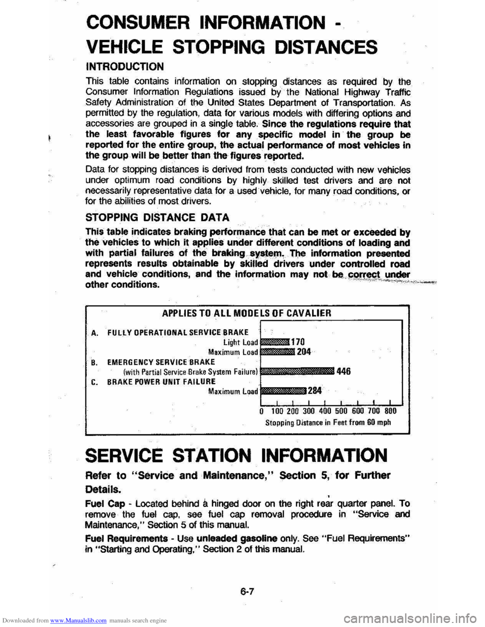CHEVROLET CAVALIER 1984 1.G Owners Manual Downloaded from www.Manualslib.com manuals search engine CONSUMER INFORMATION -
VEHICLE STOPPING DISTANCES
INTRODUCTION
This table contains information on stopping distances as required by the
C CHEVROLET CAVALIER 1984 1.G Owners Manual Downloaded from www.Manualslib.com manuals search engine CONSUMER INFORMATION -
VEHICLE STOPPING DISTANCES
INTRODUCTION
This table contains information on stopping distances as required by the
C