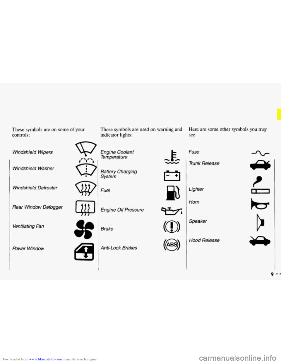 CHEVROLET CAVALIER 1993 1.G User Guide Downloaded from www.Manualslib.com manuals search engine These symbols are on some of your
controls:
Windshield Wipers
Windshield Washer
Windshield Defroster
Rear Window Defogger Ventilatin CHEVROLET CAVALIER 1993 1.G User Guide Downloaded from www.Manualslib.com manuals search engine These symbols are on some of your
controls:
Windshield Wipers
Windshield Washer
Windshield Defroster
Rear Window Defogger Ventilatin