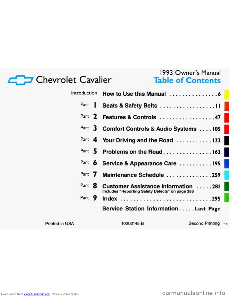 CHEVROLET CAVALIER 1993 1.G Owners Manual Downloaded from www.Manualslib.com manuals search engine I993 Owner’s Manual 
0 Chevrolet Cavalier Table of Contents 
Printed  in USA 
introduction How to  Use  this  Manual . . . . . . . . . . . . 