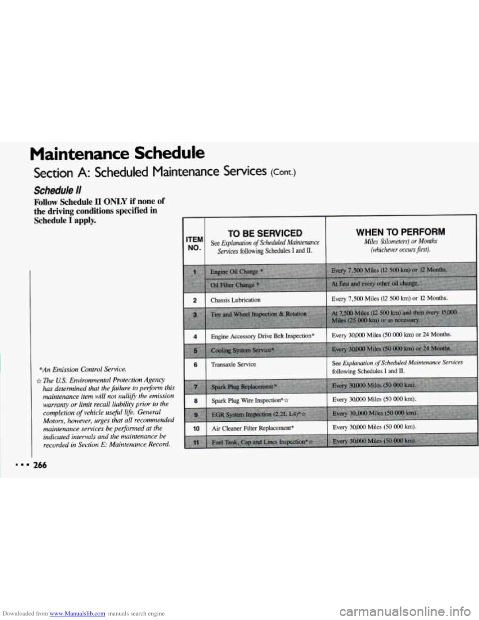 CHEVROLET CAVALIER 1993 1.G Owners Manual Downloaded from www.Manualslib.com manuals search engine Maintenance Schedule
Section A: Scheduled Maintenance Services (Cont.)
Schedule I/
Follow Schedule II ONLY if none of
the driving co CHEVROLET CAVALIER 1993 1.G Owners Manual Downloaded from www.Manualslib.com manuals search engine Maintenance Schedule
Section A: Scheduled Maintenance Services (Cont.)
Schedule I/
Follow Schedule II ONLY if none of
the driving co