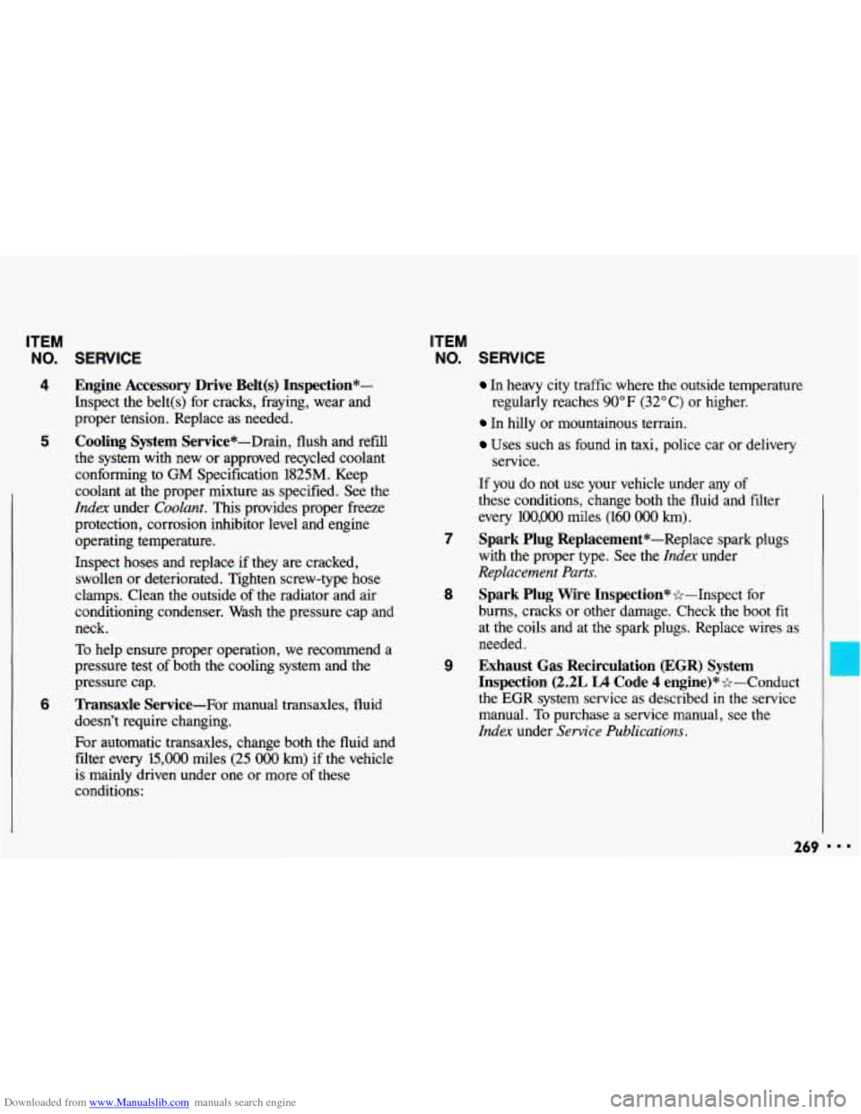 CHEVROLET CAVALIER 1993 1.G Owners Manual Downloaded from www.Manualslib.com manuals search engine ITEM 
NO. SERVICE ITEM NO. SERVICE 
4 
5 
Engine 
Accessory  Drive Belt(s) Inspection*- 
Inspect  the  belt(s)  for  cracks,  fraying,  wear  a