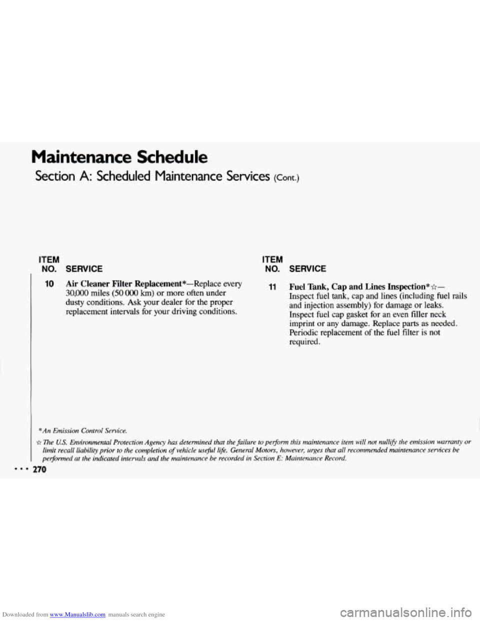 CHEVROLET CAVALIER 1993 1.G Owners Manual Downloaded from www.Manualslib.com manuals search engine Maintenance Schedule
Section A: Scheduled Maintenance Services (Cont.)
ITEM
NO. SERVICE
10 Air Cleaner Filter Replacement*-Replace ev CHEVROLET CAVALIER 1993 1.G Owners Manual Downloaded from www.Manualslib.com manuals search engine Maintenance Schedule
Section A: Scheduled Maintenance Services (Cont.)
ITEM
NO. SERVICE
10 Air Cleaner Filter Replacement*-Replace ev