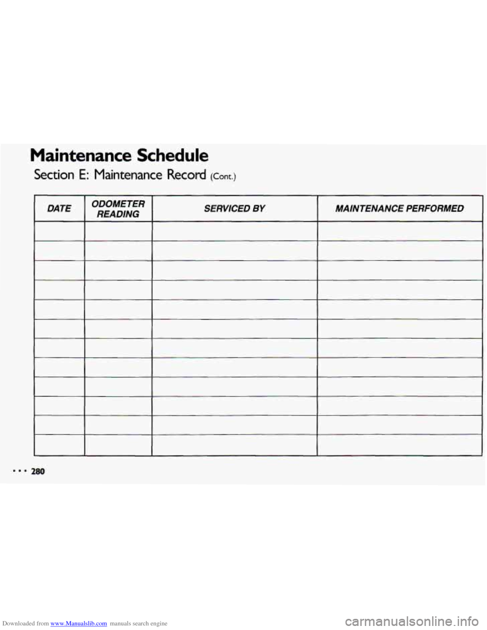 CHEVROLET CAVALIER 1993 1.G Owners Manual Downloaded from www.Manualslib.com manuals search engine Maintenance Schedule
Section E: Maintenance Record (Cont.)
DATE ODOMETER
READING SERVICED BY MAINTENANCE PERFORMED
280 CHEVROLET CAVALIER 1993 1.G Owners Manual Downloaded from www.Manualslib.com manuals search engine Maintenance Schedule
Section E: Maintenance Record (Cont.)
DATE ODOMETER
READING SERVICED BY MAINTENANCE PERFORMED
280