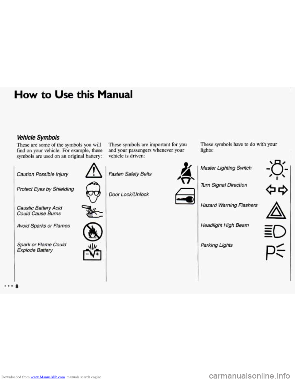 CHEVROLET CAVALIER 1993 1.G Owners Manual Downloaded from www.Manualslib.com manuals search engine How to Use this Manual
Vehicle Symbols
These are some of the symbols you will
find
on your vehicle. For example, these
symbols a CHEVROLET CAVALIER 1993 1.G Owners Manual Downloaded from www.Manualslib.com manuals search engine How to Use this Manual
Vehicle Symbols
These are some of the symbols you will
find
on your vehicle. For example, these
symbols a