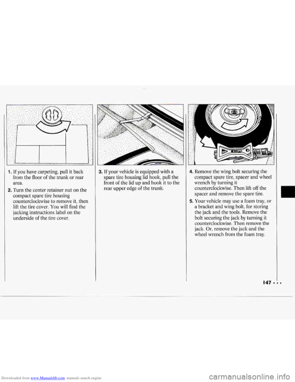 CHEVROLET CAVALIER 1994 1.G Owners Manual Downloaded from www.Manualslib.com manuals search engine 1. If you have carpeting, pull it back
from the floor of the trunk or rear
area.
2. Turn the center retainer nut on the
compact spa CHEVROLET CAVALIER 1994 1.G Owners Manual Downloaded from www.Manualslib.com manuals search engine 1. If you have carpeting, pull it back
from the floor of the trunk or rear
area.
2. Turn the center retainer nut on the
compact spa
