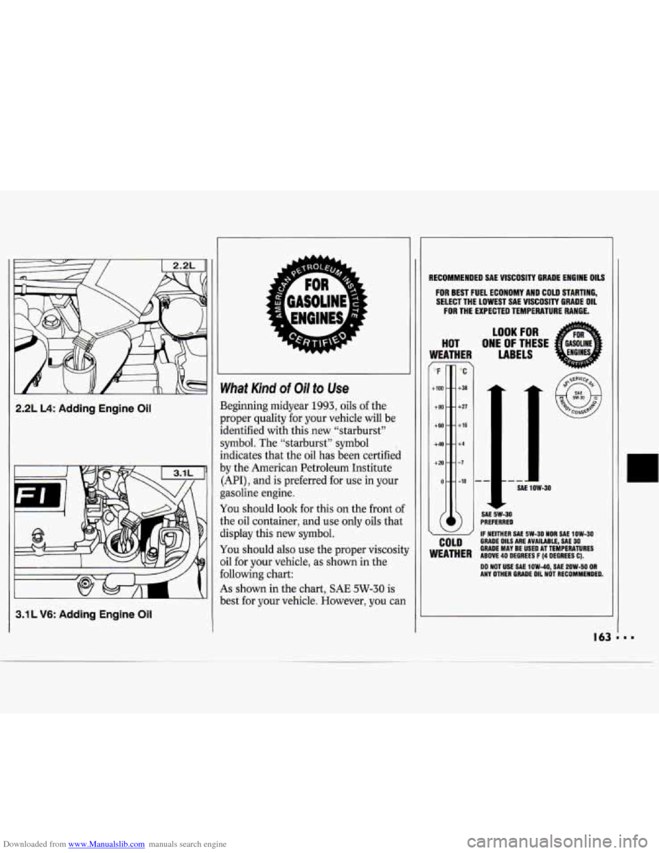 CHEVROLET CAVALIER 1994 1.G Owners Manual Downloaded from www.Manualslib.com manuals search engine 2.2L L4: Adding Engine Oil
3.1 L V6: Addlng Engine Oil
What Kind of Oil to Use
Beginning midyear 1993, oils of the
?roper quality for CHEVROLET CAVALIER 1994 1.G Owners Manual Downloaded from www.Manualslib.com manuals search engine 2.2L L4: Adding Engine Oil
3.1 L V6: Addlng Engine Oil
What Kind of Oil to Use
Beginning midyear 1993, oils of the
?roper quality for