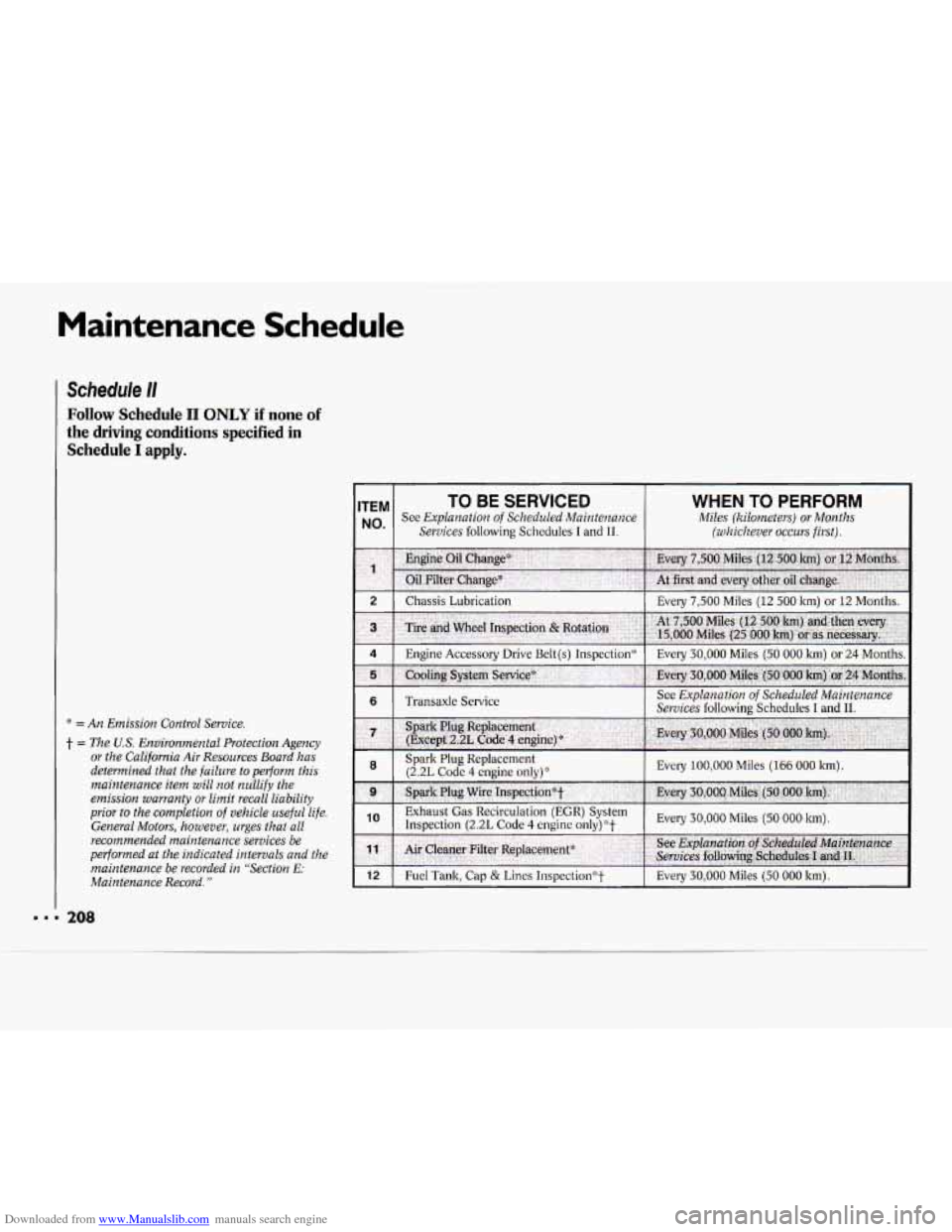 CHEVROLET CAVALIER 1994 1.G Owners Manual Downloaded from www.Manualslib.com manuals search engine Maintenance Schedule
Schedule /I
Follow Schedule I1 ONLY if none of
the driving conditions specified in Schedule
I apply.
* = An Em CHEVROLET CAVALIER 1994 1.G Owners Manual Downloaded from www.Manualslib.com manuals search engine Maintenance Schedule
Schedule /I
Follow Schedule I1 ONLY if none of
the driving conditions specified in Schedule
I apply.
* = An Em