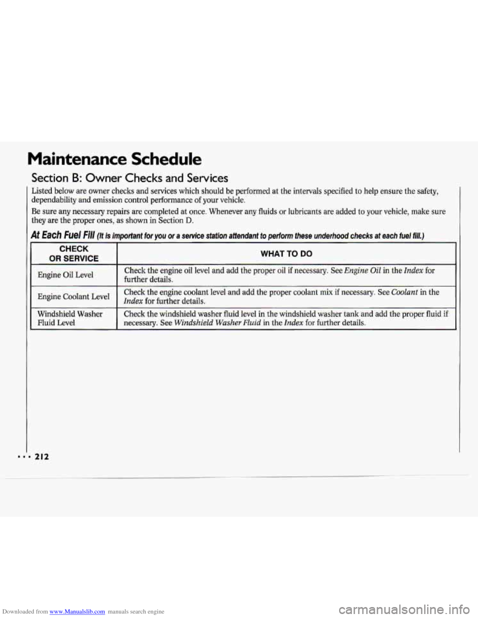CHEVROLET CAVALIER 1994 1.G Owners Manual Downloaded from www.Manualslib.com manuals search engine Maintenance Schedule
Section B: Owner Checks and Services
hted below are owner checks and services which should be performed at the CHEVROLET CAVALIER 1994 1.G Owners Manual Downloaded from www.Manualslib.com manuals search engine Maintenance Schedule
Section B: Owner Checks and Services
hted below are owner checks and services which should be performed at the