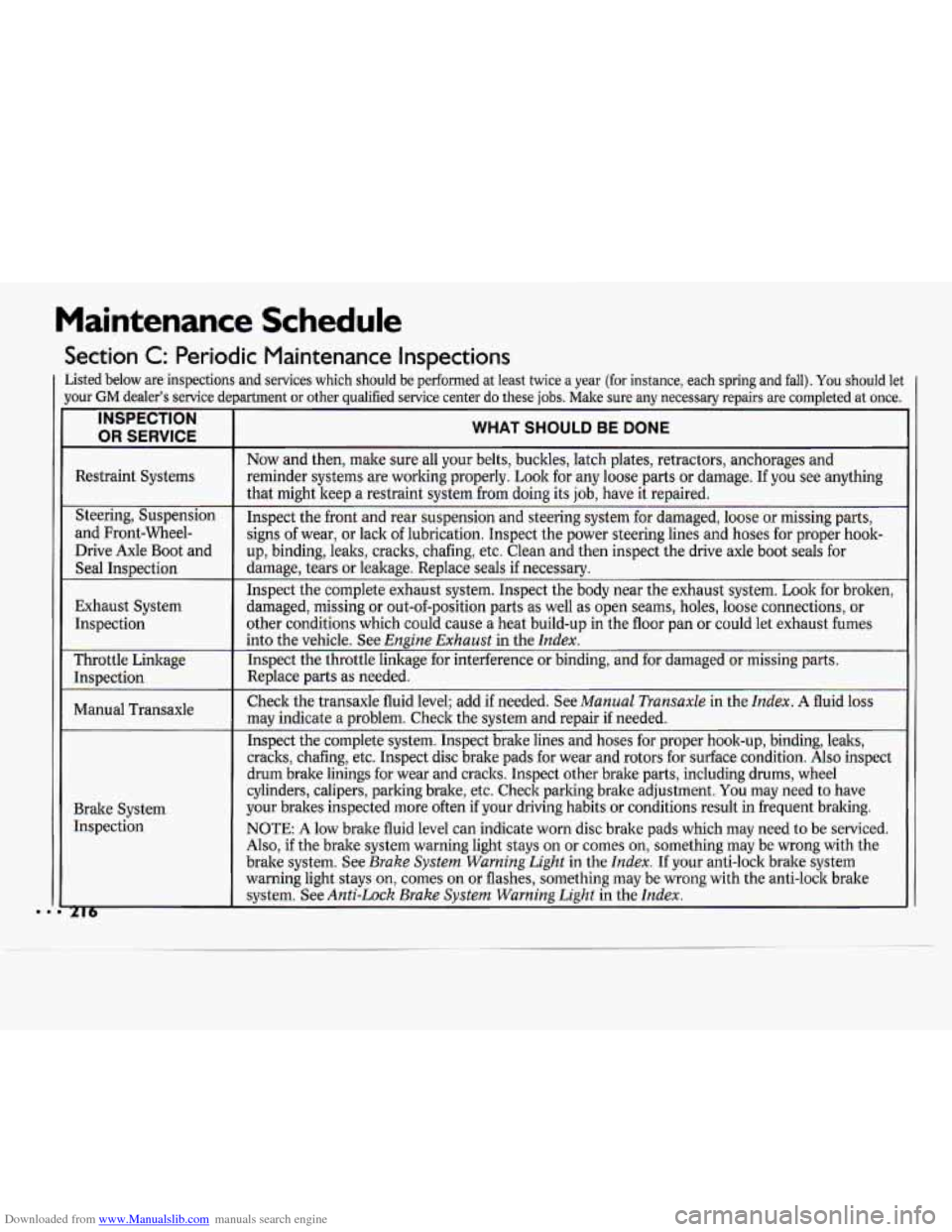 CHEVROLET CAVALIER 1994 1.G Owners Manual Downloaded from www.Manualslib.com manuals search engine Maintenance Schedule
Section C: Periodic Maintenance Inspections
Listed below are inspections and services which should be performed CHEVROLET CAVALIER 1994 1.G Owners Manual Downloaded from www.Manualslib.com manuals search engine Maintenance Schedule
Section C: Periodic Maintenance Inspections
Listed below are inspections and services which should be performed