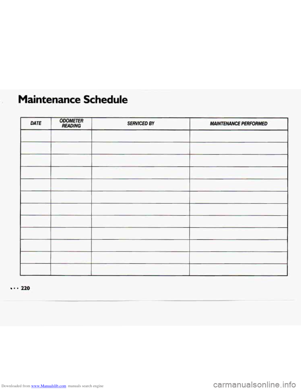 CHEVROLET CAVALIER 1994 1.G Owners Manual Downloaded from www.Manualslib.com manuals search engine Maintenance Schedule
DATE ODOMETER READING SERVICED BY MA/WENA/UC€ PERFORMED
220 CHEVROLET CAVALIER 1994 1.G Owners Manual Downloaded from www.Manualslib.com manuals search engine Maintenance Schedule
DATE ODOMETER READING SERVICED BY MA/WENA/UC€ PERFORMED
220