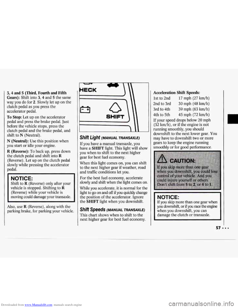 CHEVROLET CAVALIER 1994 1.G Workshop Manual Downloaded from www.Manualslib.com manuals search engine 3,4 and 5 (Third, Fourth and Fifth
Gears):
Shift into 3,4 and 5 the same
way you do for
2. Slowly let up on the
clutch pedal as CHEVROLET CAVALIER 1994 1.G Workshop Manual Downloaded from www.Manualslib.com manuals search engine 3,4 and 5 (Third, Fourth and Fifth
Gears):
Shift into 3,4 and 5 the same
way you do for
2. Slowly let up on the
clutch pedal as