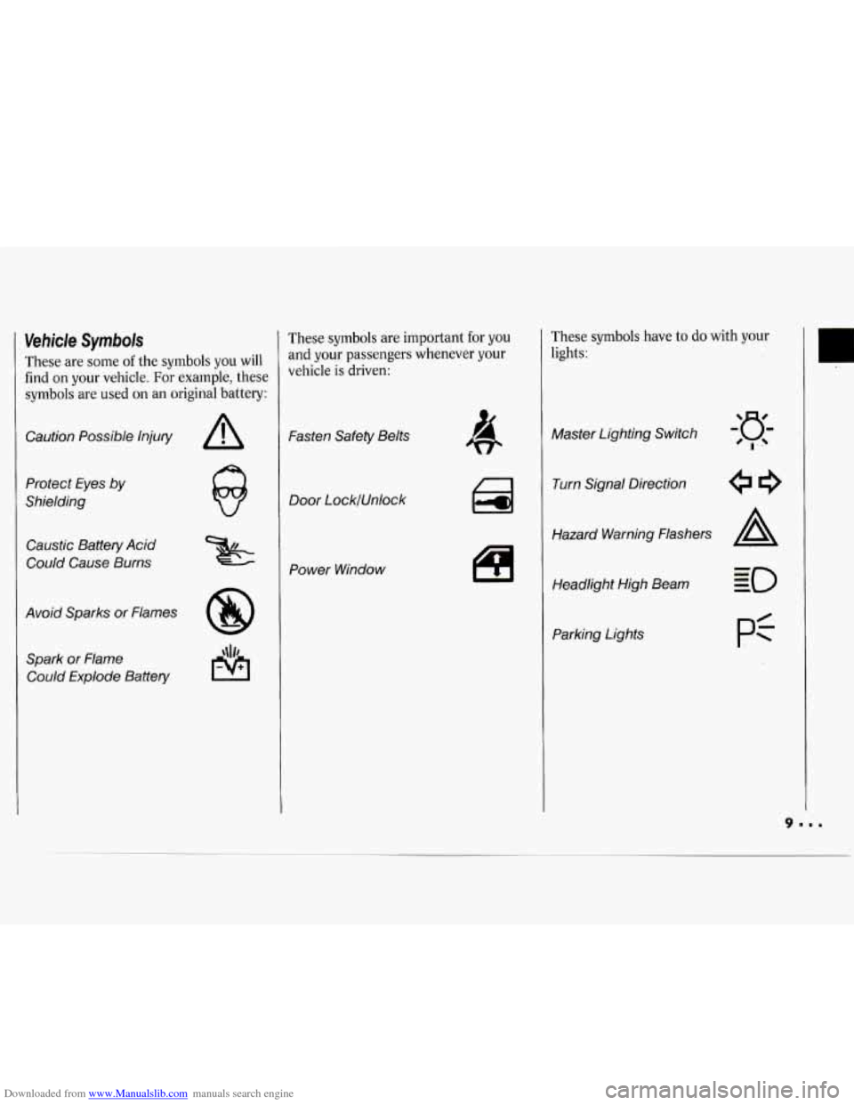 CHEVROLET CAVALIER 1994 1.G Owners Manual Downloaded from www.Manualslib.com manuals search engine Vehicle Symbols
These are some of the symbols you will
find
on your vehicle. For example, these
symbols are used on an original batt CHEVROLET CAVALIER 1994 1.G Owners Manual Downloaded from www.Manualslib.com manuals search engine Vehicle Symbols
These are some of the symbols you will
find
on your vehicle. For example, these
symbols are used on an original batt