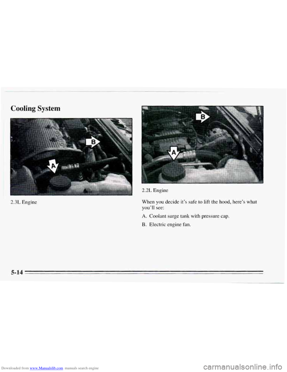 CHEVROLET CAVALIER 1995 3.G Owners Manual Downloaded from www.Manualslib.com manuals search engine Cooling System 
2.3L Engine 
2.2L Engine 
When 
you decide  it’s safe to lift the  hood, here’s what 
you’ll see: 
A. Coolant surge tank 