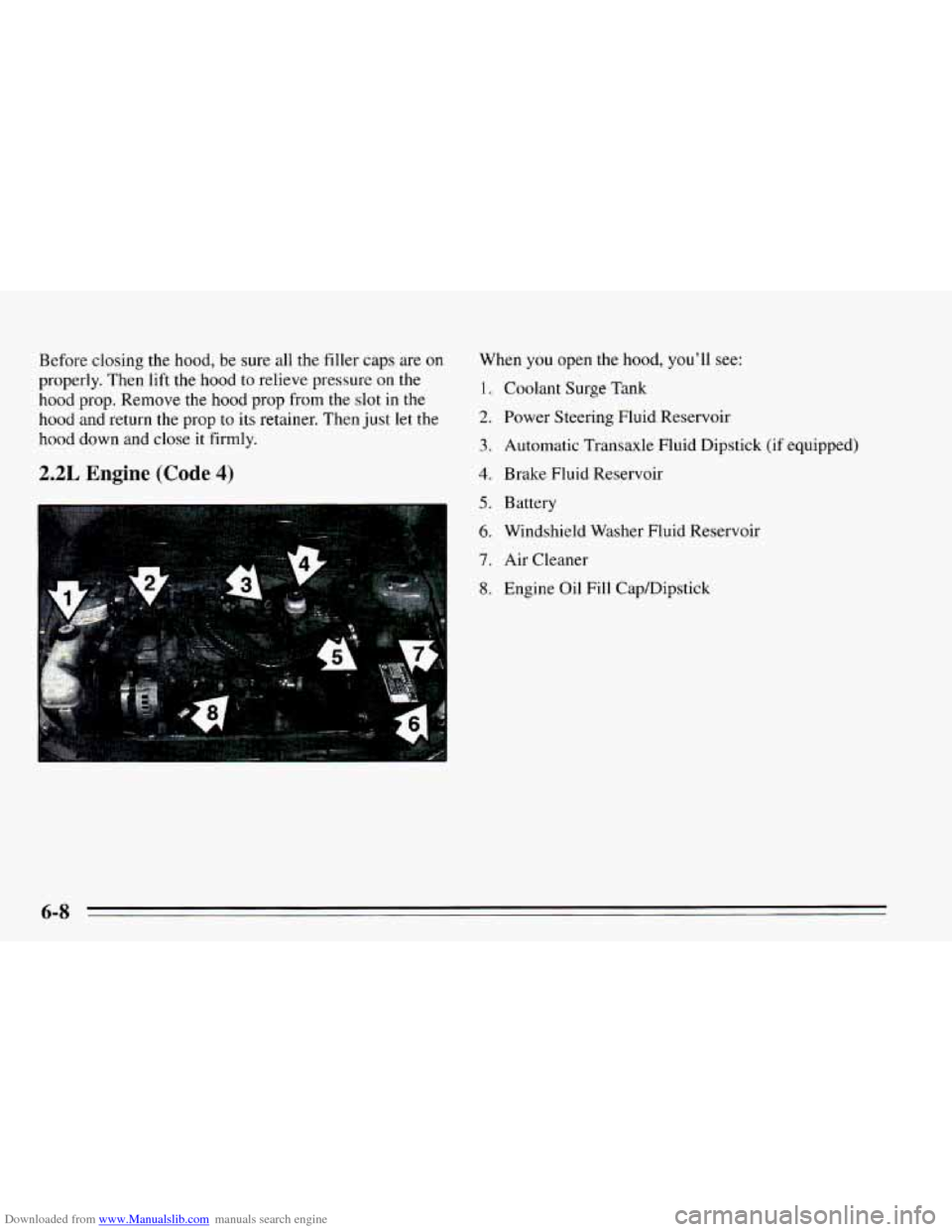 CHEVROLET CAVALIER 1995 3.G Owners Manual Downloaded from www.Manualslib.com manuals search engine Before closing  the hood,  be sure  all the  filler  caps  are on 
properly.  Then lift the  hood to  relieve  pressure 
on the 
hood prop.  Re