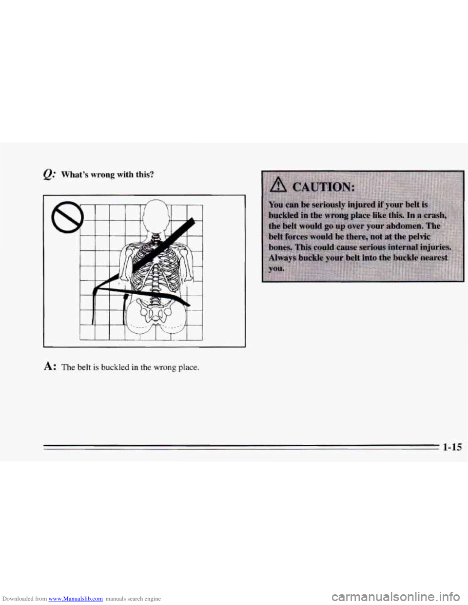 CHEVROLET CAVALIER 1995 3.G Owners Manual Downloaded from www.Manualslib.com manuals search engine @ What’s wrong with this? 
A: The belt is buckled in the wrong place. 
1-15   