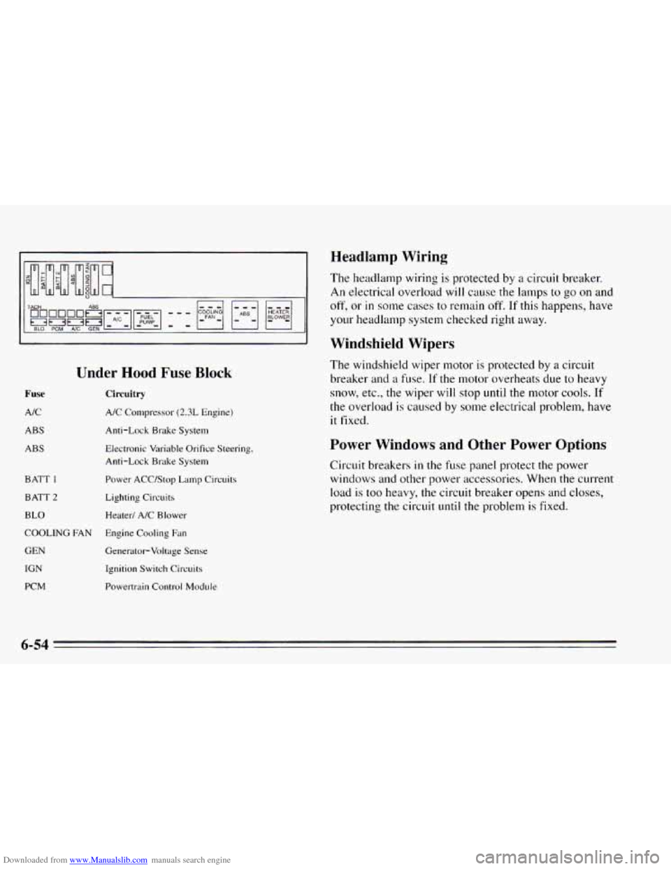 CHEVROLET CAVALIER 1995 3.G Owners Manual Downloaded from www.Manualslib.com manuals search engine I 1 
Under  Hood Fuse Block 
Fuse 
AIC 
ABS 
ABS 
BATT 1 
BATT 2 
BLO 
COOLING FAN 
GEN 
IGN 
PCM 
Circuitry 
A/C Compressor (2.3L Engine) 
Ant