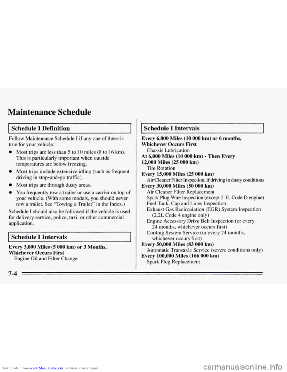 CHEVROLET CAVALIER 1995 3.G Owners Manual Downloaded from www.Manualslib.com manuals search engine Maintenance  Schedule 
Schedule I Definition 
Follow Maintenance Schedule  I if any  one of these is 
true  for  your  vehicle: 
0 Most trips a