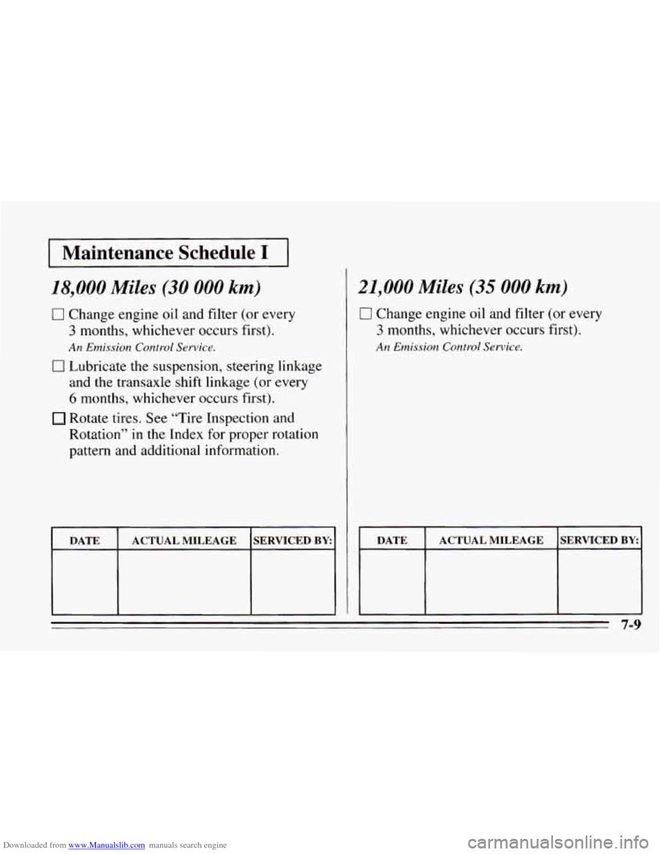 CHEVROLET CAVALIER 1995 3.G Owners Manual Downloaded from www.Manualslib.com manuals search engine IMaintenance Schedule I I ~ ~~~
18,000 Miles (30 000 km)
0 Change engine oil and filter (or every
3 months, whichever occurs first).
CHEVROLET CAVALIER 1995 3.G Owners Manual Downloaded from www.Manualslib.com manuals search engine IMaintenance Schedule I I ~ ~~~
18,000 Miles (30 000 km)
0 Change engine oil and filter (or every
3 months, whichever occurs first).