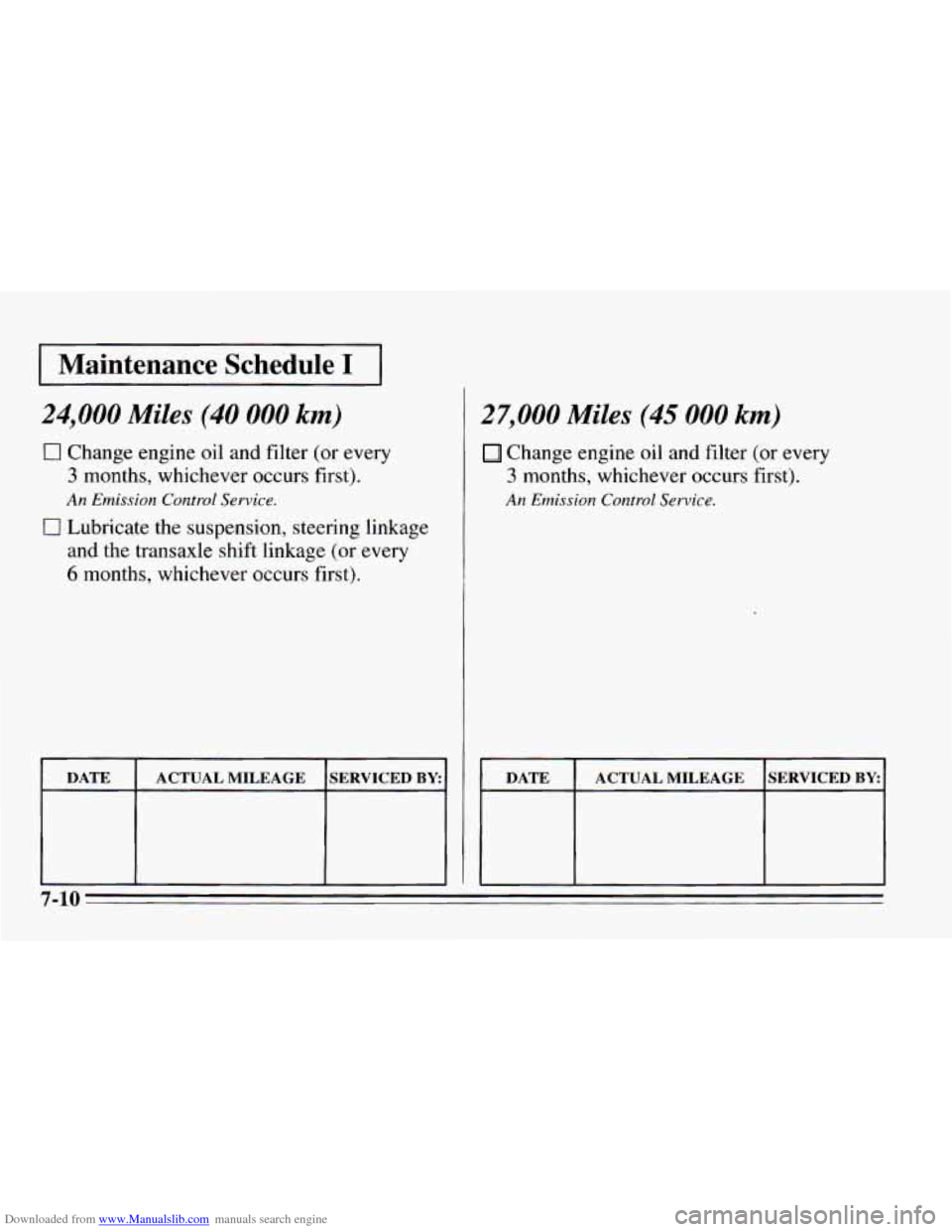 CHEVROLET CAVALIER 1995 3.G Owners Manual Downloaded from www.Manualslib.com manuals search engine I Maintenance Schedule I I
24,000 Miles (40 000 km)
0 Change engine oil and filter (or every
3 months, whichever occurs first).
An Emis CHEVROLET CAVALIER 1995 3.G Owners Manual Downloaded from www.Manualslib.com manuals search engine I Maintenance Schedule I I
24,000 Miles (40 000 km)
0 Change engine oil and filter (or every
3 months, whichever occurs first).
An Emis