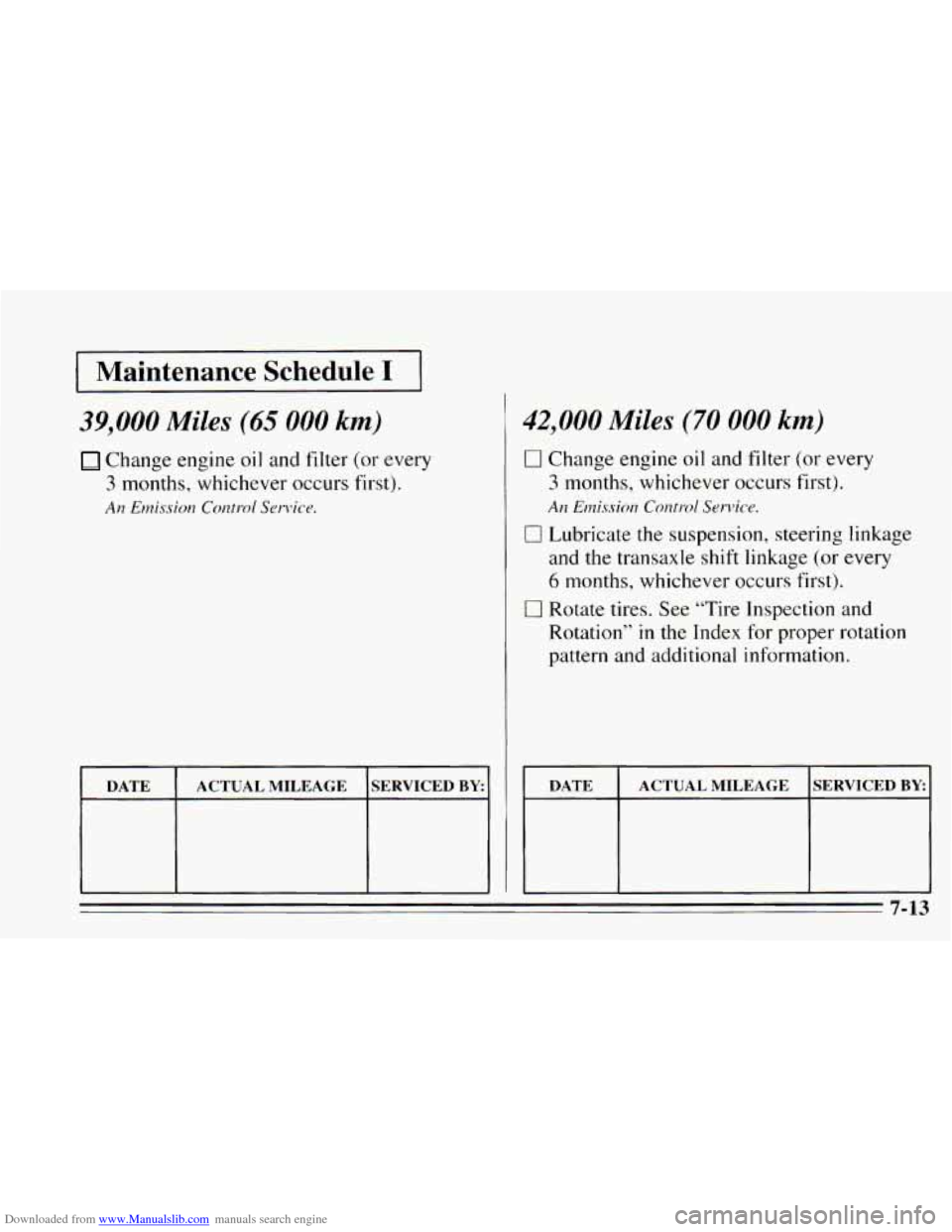 CHEVROLET CAVALIER 1995 3.G Owners Manual Downloaded from www.Manualslib.com manuals search engine I Maintenance Schedule I I
39,000 Miles (65 000 km)
Change engine oil and filter (or every
3 months, whichever occurs first).
An Emission CHEVROLET CAVALIER 1995 3.G Owners Manual Downloaded from www.Manualslib.com manuals search engine I Maintenance Schedule I I
39,000 Miles (65 000 km)
Change engine oil and filter (or every
3 months, whichever occurs first).
An Emission