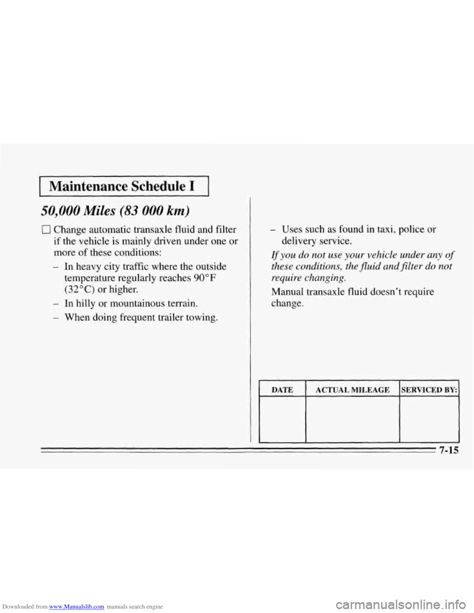 CHEVROLET CAVALIER 1995 3.G Owners Manual Downloaded from www.Manualslib.com manuals search engine I Maintenance Schedule I I
50,000 Miles (83 000 km)
I7 Change automatic transaxle fluid and filter
if the vehicle is mainly driven u CHEVROLET CAVALIER 1995 3.G Owners Manual Downloaded from www.Manualslib.com manuals search engine I Maintenance Schedule I I
50,000 Miles (83 000 km)
I7 Change automatic transaxle fluid and filter
if the vehicle is mainly driven u