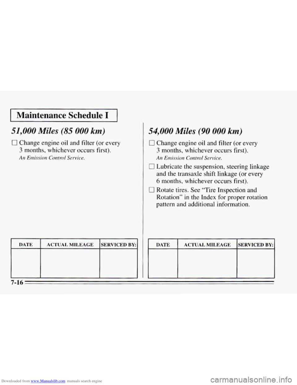 CHEVROLET CAVALIER 1995 3.G Owners Manual Downloaded from www.Manualslib.com manuals search engine I Maintenance Schedule I I
51,000 Miles (85 000 km)
0 Change engine oil and filter (or every
3 months, whichever occurs first).
A11 Emiss CHEVROLET CAVALIER 1995 3.G Owners Manual Downloaded from www.Manualslib.com manuals search engine I Maintenance Schedule I I
51,000 Miles (85 000 km)
0 Change engine oil and filter (or every
3 months, whichever occurs first).
A11 Emiss