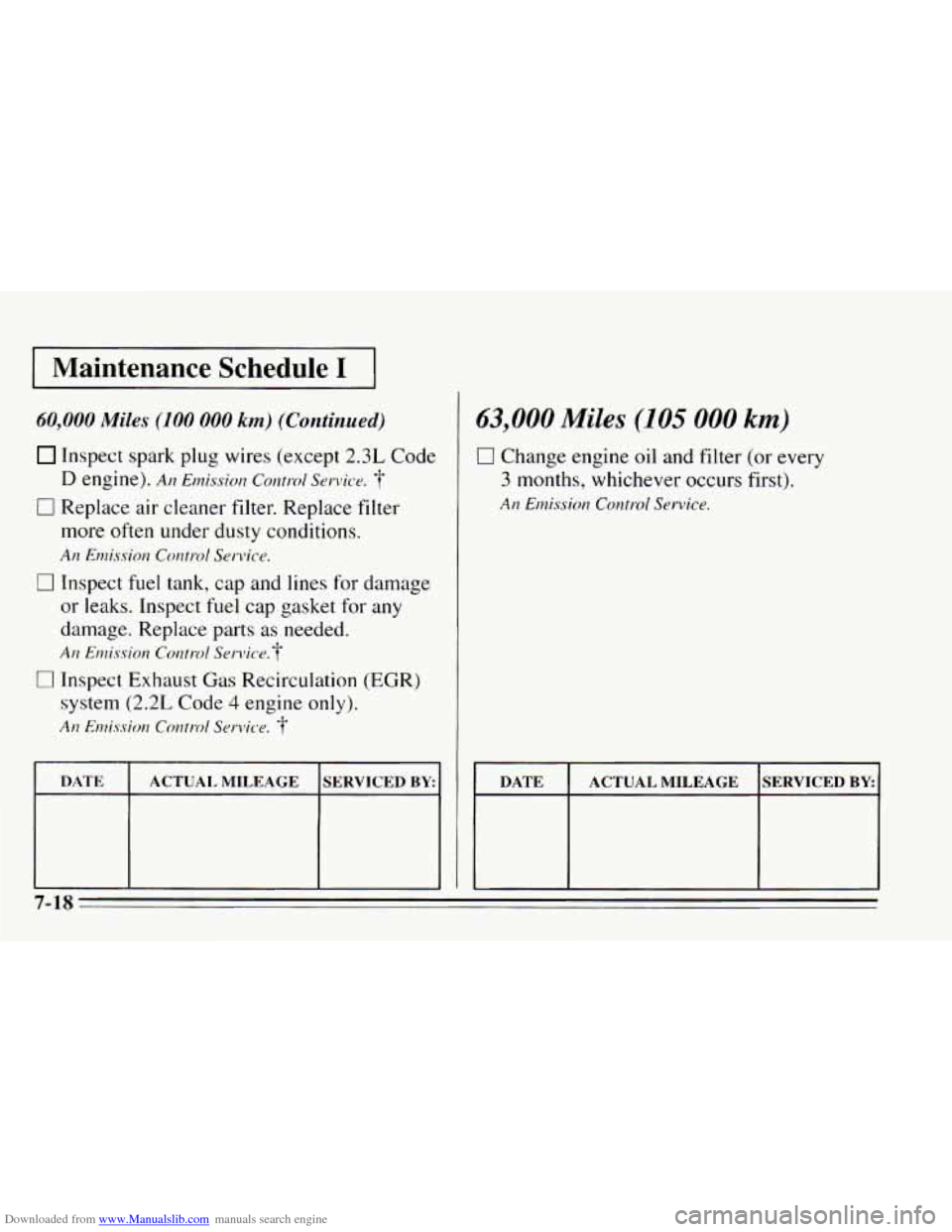 CHEVROLET CAVALIER 1995 3.G Owners Manual Downloaded from www.Manualslib.com manuals search engine 1 Maintenance Schedule I I
60,000 Miles (100 000 km) (Continued)
Inspect spark plug wires (except 2.3L Code
D engine). An Emission Contrd Se CHEVROLET CAVALIER 1995 3.G Owners Manual Downloaded from www.Manualslib.com manuals search engine 1 Maintenance Schedule I I
60,000 Miles (100 000 km) (Continued)
Inspect spark plug wires (except 2.3L Code
D engine). An Emission Contrd Se