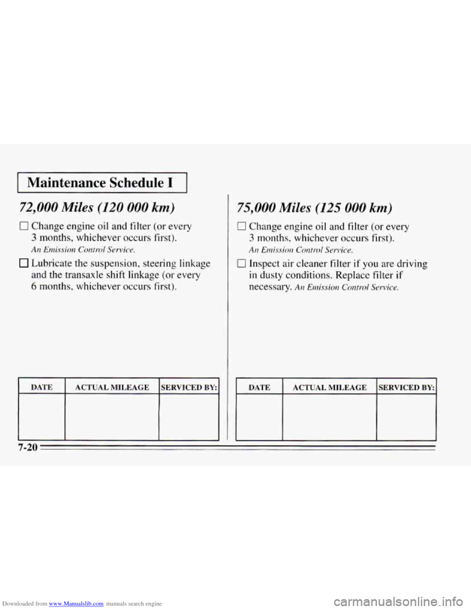CHEVROLET CAVALIER 1995 3.G Owners Manual Downloaded from www.Manualslib.com manuals search engine I Maintenance Schedule I I
72,000 Miles (120 000 km)
0 Change engine oil and filter (or every
3 months, whichever occurs first).
An Enziss CHEVROLET CAVALIER 1995 3.G Owners Manual Downloaded from www.Manualslib.com manuals search engine I Maintenance Schedule I I
72,000 Miles (120 000 km)
0 Change engine oil and filter (or every
3 months, whichever occurs first).
An Enziss