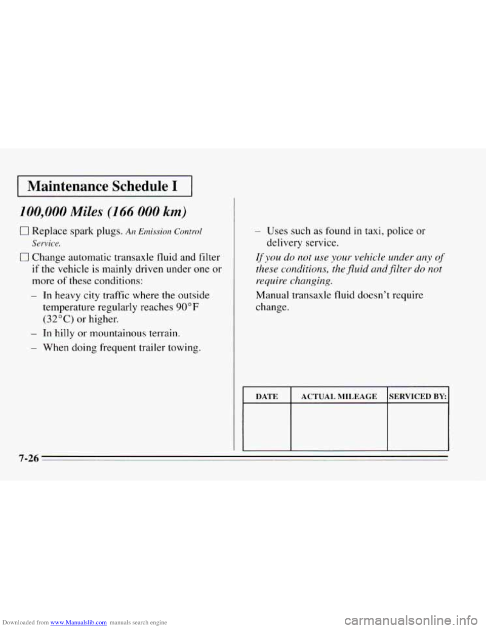 CHEVROLET CAVALIER 1995 3.G Owners Manual Downloaded from www.Manualslib.com manuals search engine I Maintenance Schedule I 1
100,000 Miles (1 66 000 km)
Q Replace spark plugs. An Emission Control
Service.
Ll Change automatic transax CHEVROLET CAVALIER 1995 3.G Owners Manual Downloaded from www.Manualslib.com manuals search engine I Maintenance Schedule I 1
100,000 Miles (1 66 000 km)
Q Replace spark plugs. An Emission Control
Service.
Ll Change automatic transax
