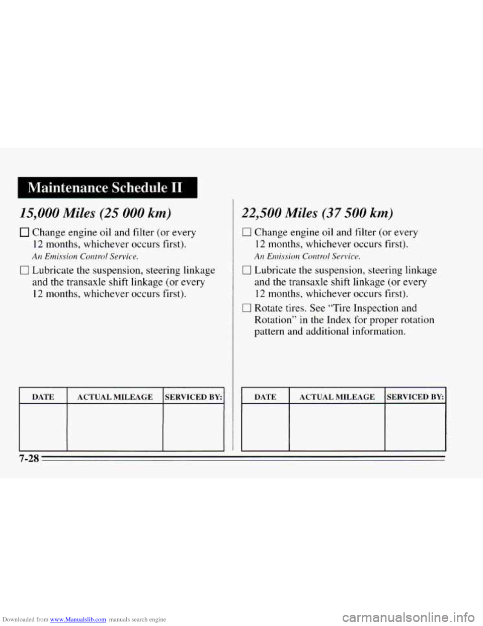 CHEVROLET CAVALIER 1995 3.G Owners Manual Downloaded from www.Manualslib.com manuals search engine I Maintenance Schedule I1 I
15,000 Miles (25 000 km)
Change engine oil and filter (or every
12 months, whichever occurs first).
Arz CHEVROLET CAVALIER 1995 3.G Owners Manual Downloaded from www.Manualslib.com manuals search engine I Maintenance Schedule I1 I
15,000 Miles (25 000 km)
Change engine oil and filter (or every
12 months, whichever occurs first).
Arz