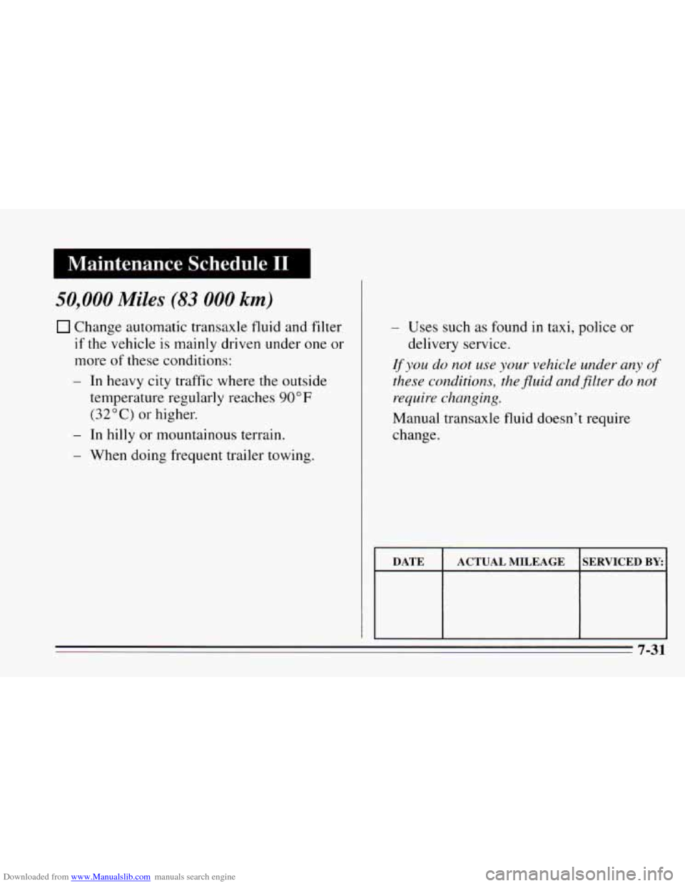 CHEVROLET CAVALIER 1995 3.G Owners Manual Downloaded from www.Manualslib.com manuals search engine Maintenance  Schedule I1 ~ 
50,000 Miles (83 000 kt) 
Change automatic transaxle fluid and filter 
if the vehicle is mainly driven under one or