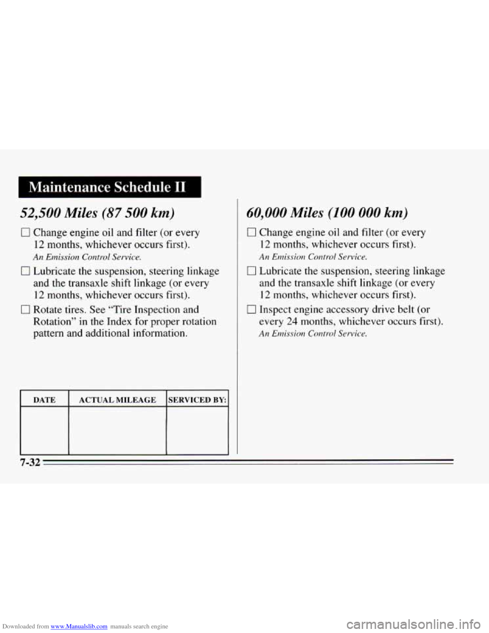 CHEVROLET CAVALIER 1995 3.G Owners Manual Downloaded from www.Manualslib.com manuals search engine Maintenance  Schedule I1 
- 
52,500 Miles (87 500 km) 
0 Change engine oil and filter (or every 
12 months, whichever occurs first). 
An Emissi