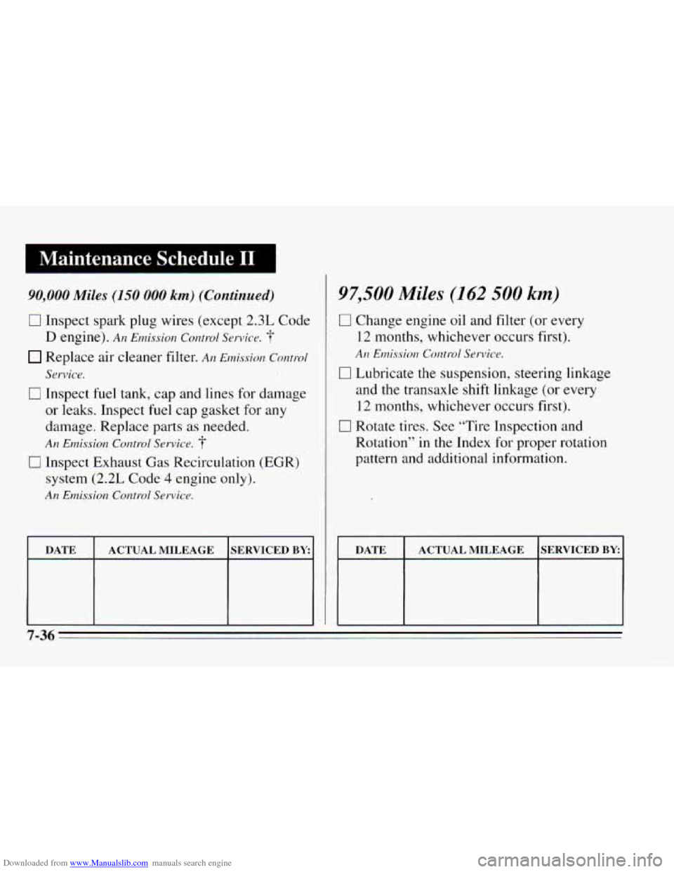 CHEVROLET CAVALIER 1995 3.G Owners Manual Downloaded from www.Manualslib.com manuals search engine Maintenance Schedule I1 I 
90,000 Miles (150 000 km) (Continued) 
0 Inspect spark  plug  wires  (except  2.3L  Code 
Replace  air  cleaner filt