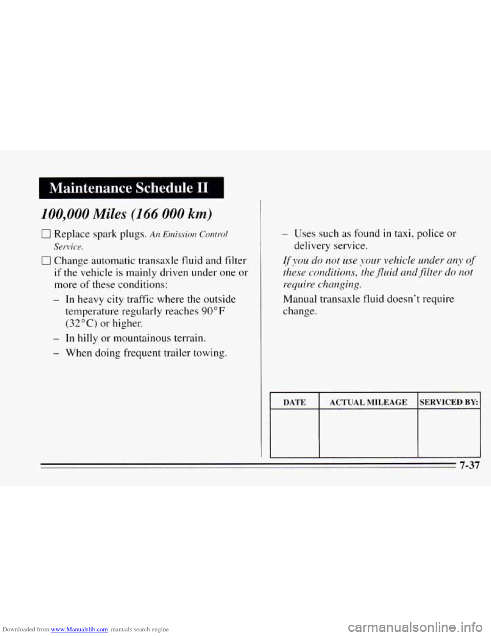 CHEVROLET CAVALIER 1995 3.G Owners Manual Downloaded from www.Manualslib.com manuals search engine Maintenance Schedule I1 
100,000 Miles (I66 000 km) 
0 Replace spark plugs. AIZ Emissior? Com-ol 
0 Change automatic transaxle fluid and filter