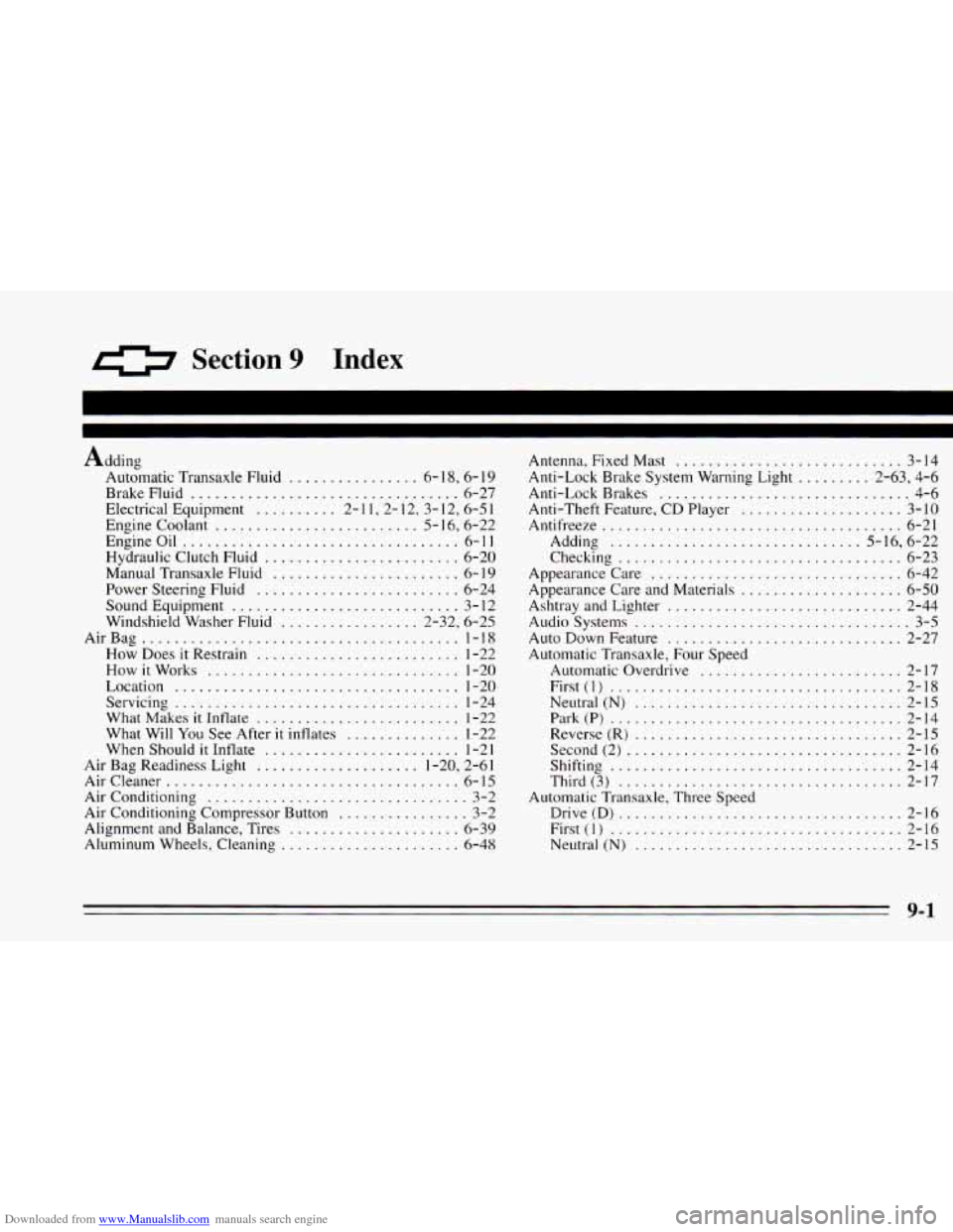 CHEVROLET CAVALIER 1995 3.G Owners Manual Downloaded from www.Manualslib.com manuals search engine 0 Section 9 Index
Adding Automatic Transaxle Fluid
................ 6- 18. 6- 19
BrakeFluid ................................. 6-27
Electri CHEVROLET CAVALIER 1995 3.G Owners Manual Downloaded from www.Manualslib.com manuals search engine 0 Section 9 Index
Adding Automatic Transaxle Fluid
................ 6- 18. 6- 19
BrakeFluid ................................. 6-27
Electri
