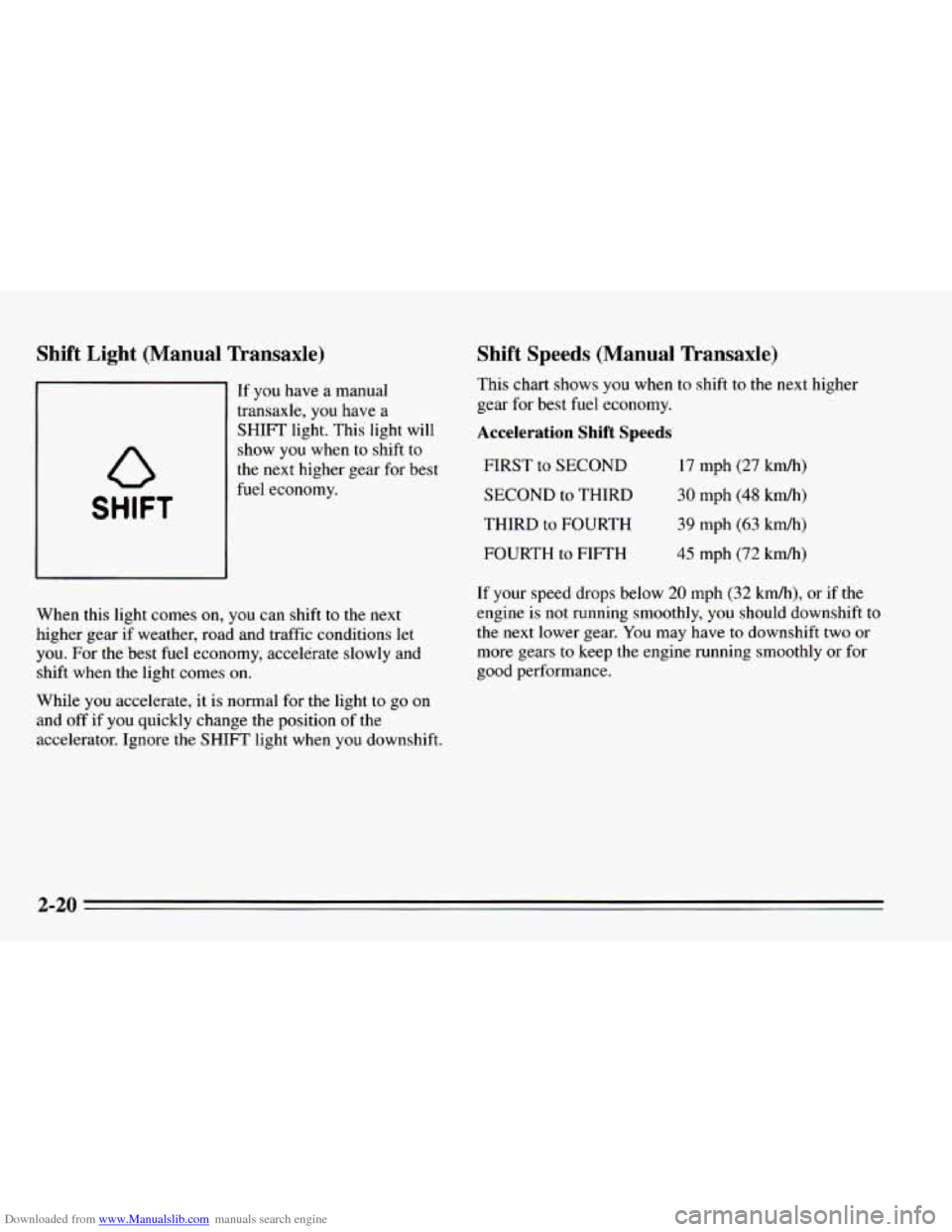 CHEVROLET CAVALIER 1995 3.G Manual PDF Downloaded from www.Manualslib.com manuals search engine Shift Light (Manual Transaxle)
If you have a manual
transaxle, you have a
SHIFT light. This light will
show
you when to shift to
th CHEVROLET CAVALIER 1995 3.G Manual PDF Downloaded from www.Manualslib.com manuals search engine Shift Light (Manual Transaxle)
If you have a manual
transaxle, you have a
SHIFT light. This light will
show
you when to shift to
th