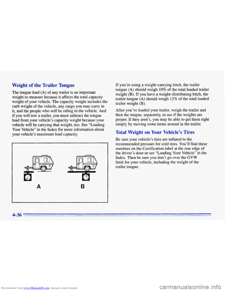 CHEVROLET CAVALIER 1996 3.G Owners Manual Downloaded from www.Manualslib.com manuals search engine Weight of the Trailer Tongue
The tongue load (A) of any trailer is an important
weight
to measure because it affects the total capa CHEVROLET CAVALIER 1996 3.G Owners Manual Downloaded from www.Manualslib.com manuals search engine Weight of the Trailer Tongue
The tongue load (A) of any trailer is an important
weight
to measure because it affects the total capa