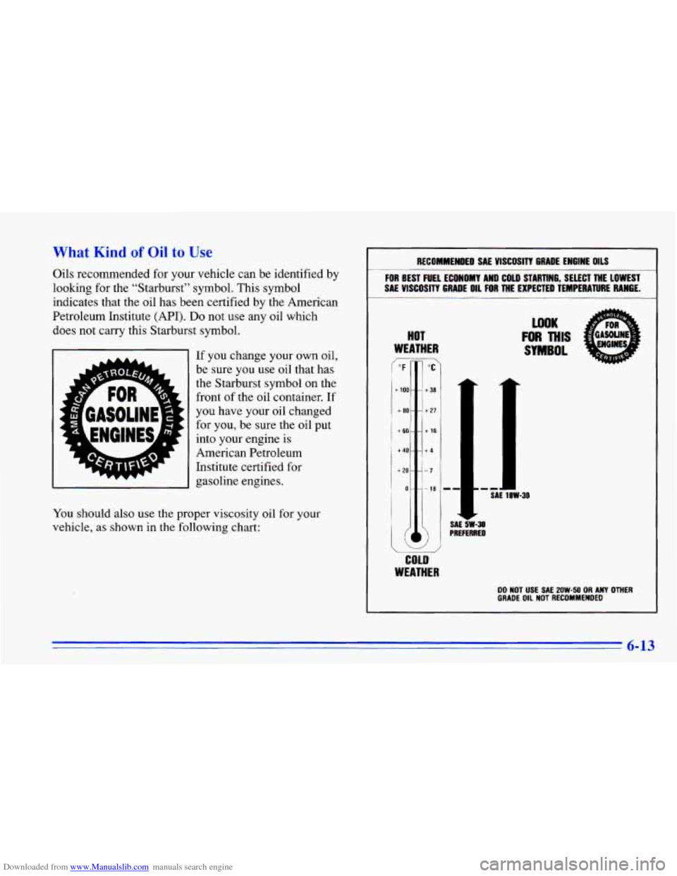 CHEVROLET CAVALIER 1996 3.G Owners Manual Downloaded from www.Manualslib.com manuals search engine What Kind of Oil to Use 
Oils recommended  for your  vehicle  can  be  identified  by 
looking  for the  “Starburst”  symbol.  This symbol 