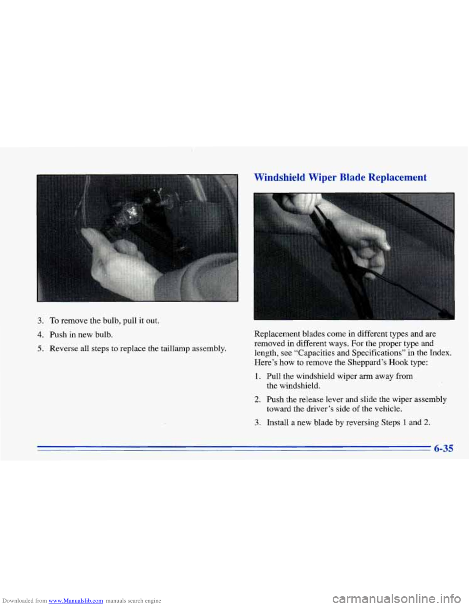 CHEVROLET CAVALIER 1996 3.G Owners Manual Downloaded from www.Manualslib.com manuals search engine 3. To remove the bulb, pull it out.
4. Push in new bulb.
5. Reverse all steps to replace the taillamp assembly.
Windshield Wiper Blade Re CHEVROLET CAVALIER 1996 3.G Owners Manual Downloaded from www.Manualslib.com manuals search engine 3. To remove the bulb, pull it out.
4. Push in new bulb.
5. Reverse all steps to replace the taillamp assembly.
Windshield Wiper Blade Re